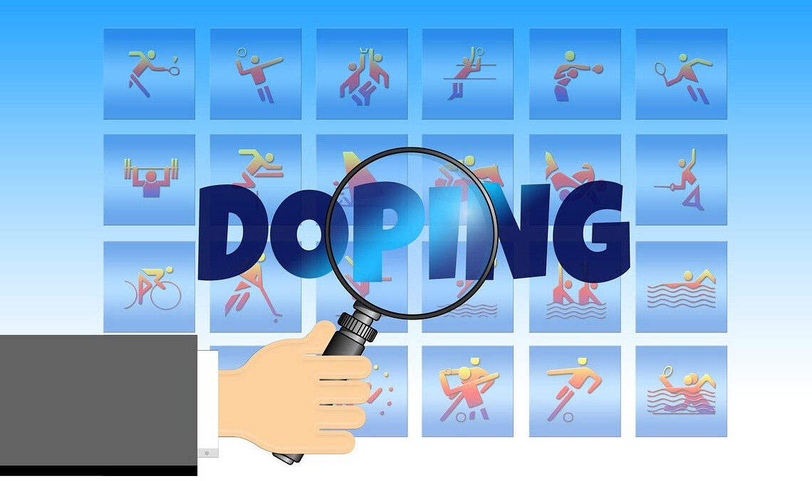 palavra doping em destaque com uma luta. ao fundo, símbolos de vários esportes