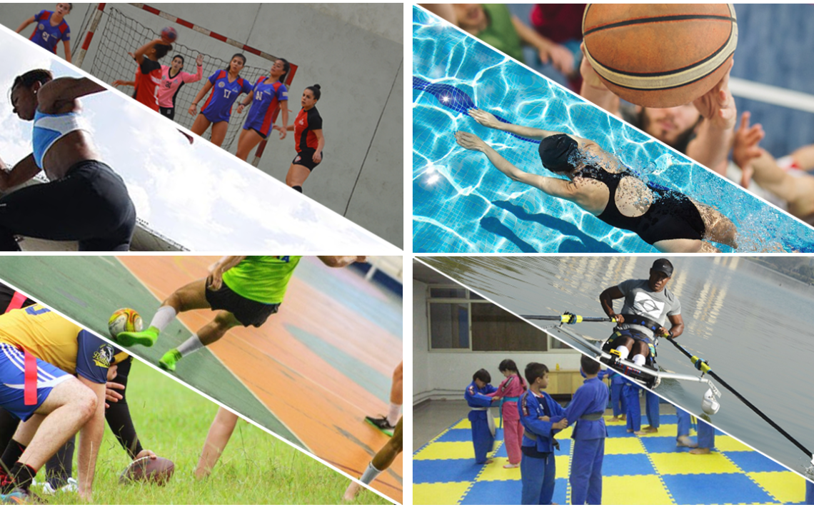 Mosaico com fotos dos esportes de natação, taekwondo, handebol e futebol americano